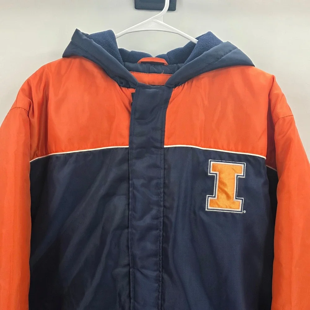 VINTAGE 90S ILLINOIS FIGHTING ILLINI PUFFER JACKET MENS LARGE BLUE ORANGE NEW!!